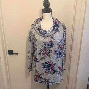 Elegant Floral Cowl Neck Sweater - Gray and Blue